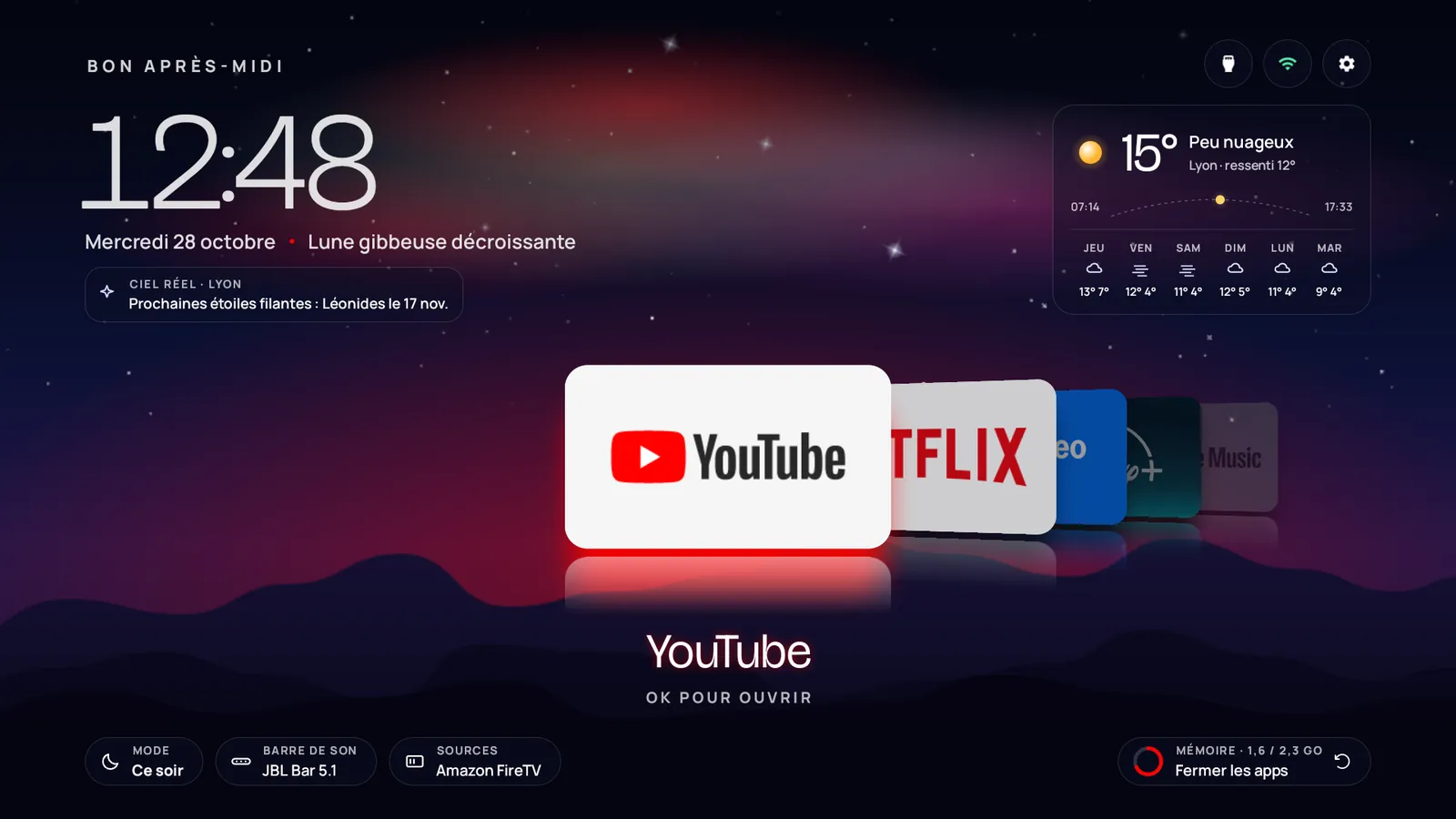 After: the OwnYourTV home with a night sky, the weather and the apps as a 3D deck.