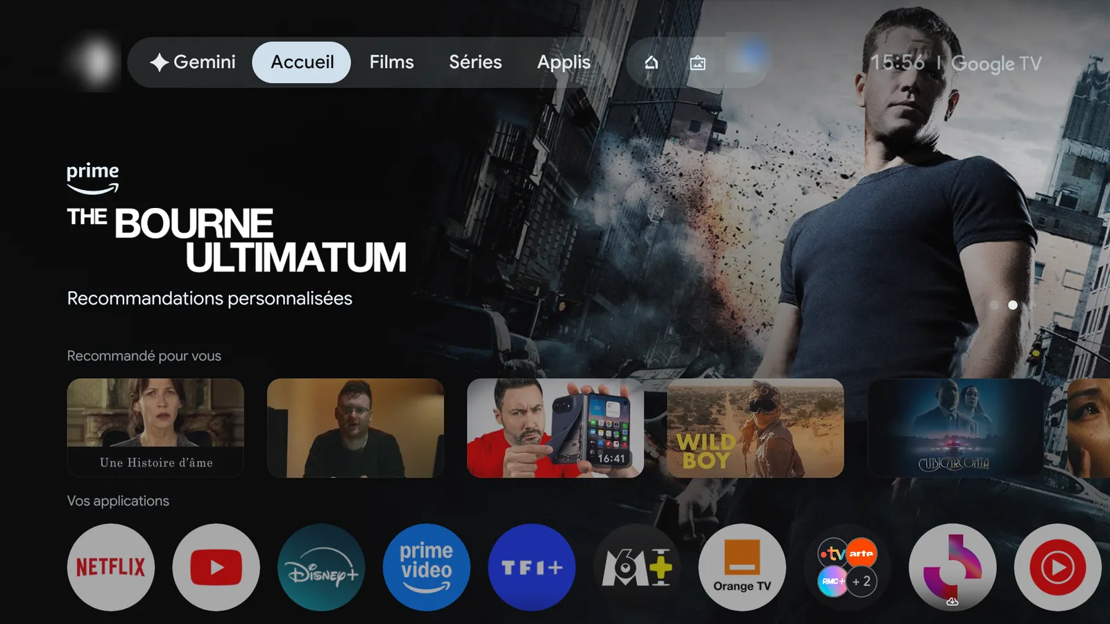 Before: the stock Google TV home with a full-screen ad and recommendations.